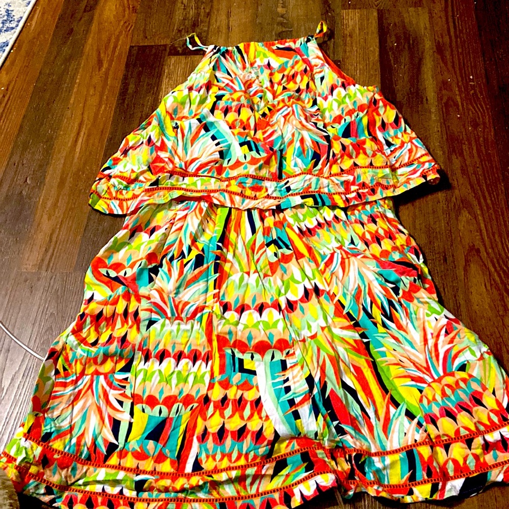 Sundress ,spaghetti straps Orange cotton liner, orange print and crochet accent.